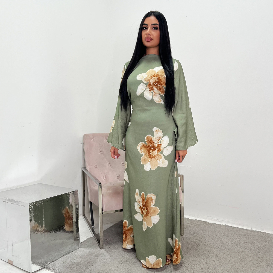 modest floral maxi dress ALON™ – Loose Fit – Rebecca & Ruby casual versatility for church Color:Dark Periwinkle Kaftans Blush Linen Wrap Maxi