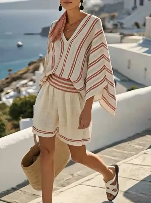 Women's Linen Matching Set in white striped