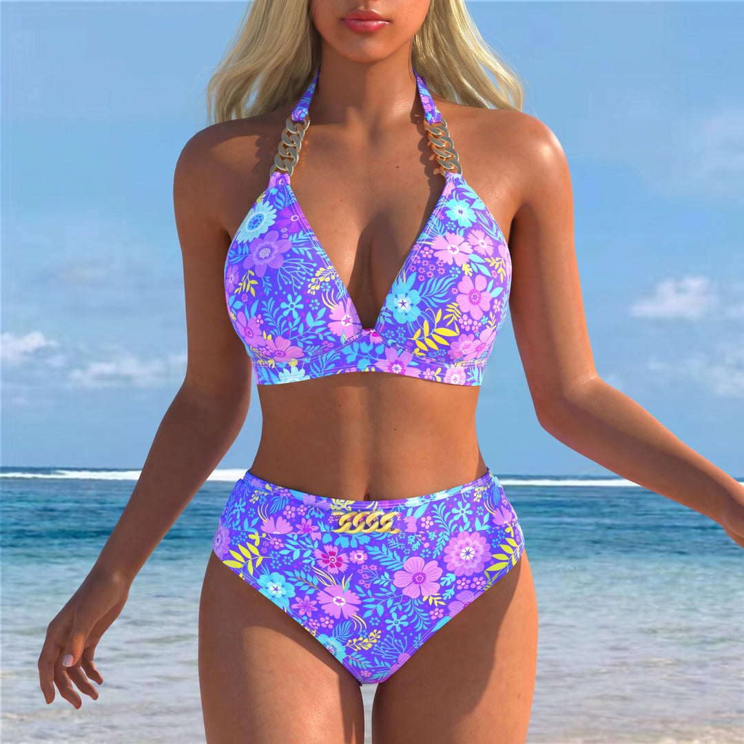 Women's High Waisted Bikini in purple floral