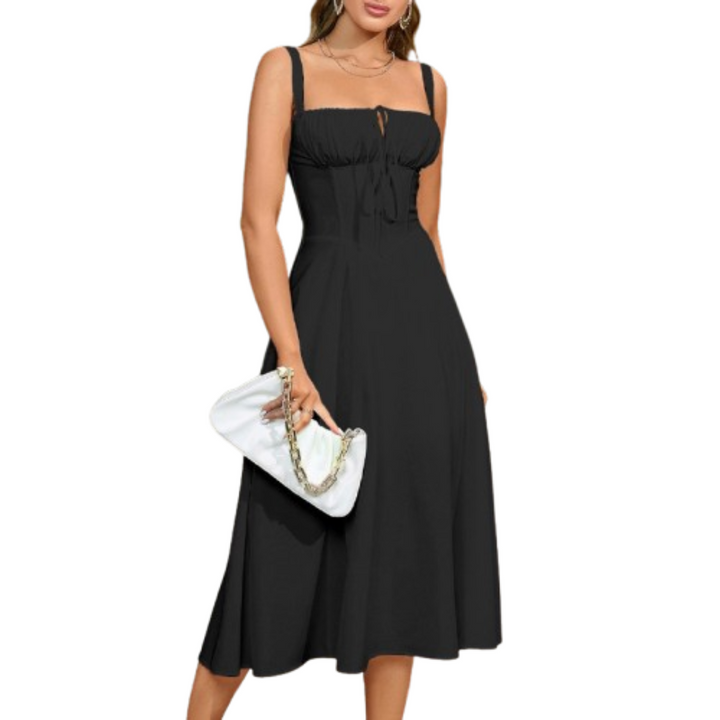 ARIELLOU™ – Elegant Lace-Up Square Neck Midi Dress