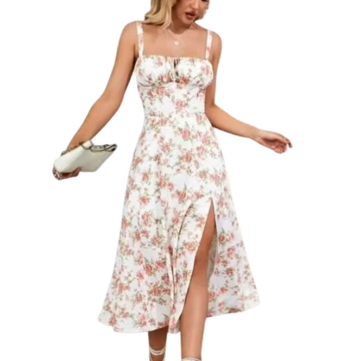 ARIELLOU™ – Elegant Lace-Up Square Neck Midi Dress