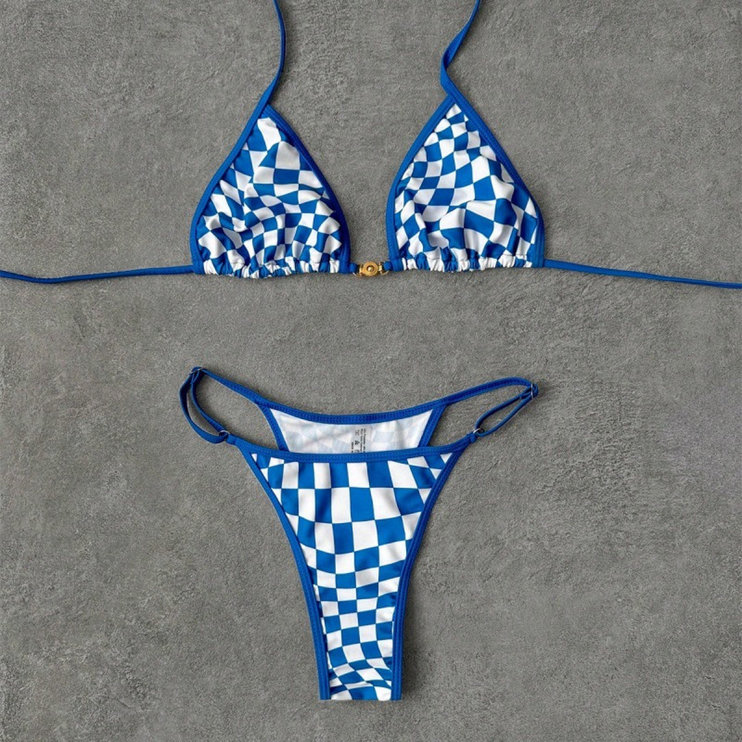 Women's String Bikini in blue check