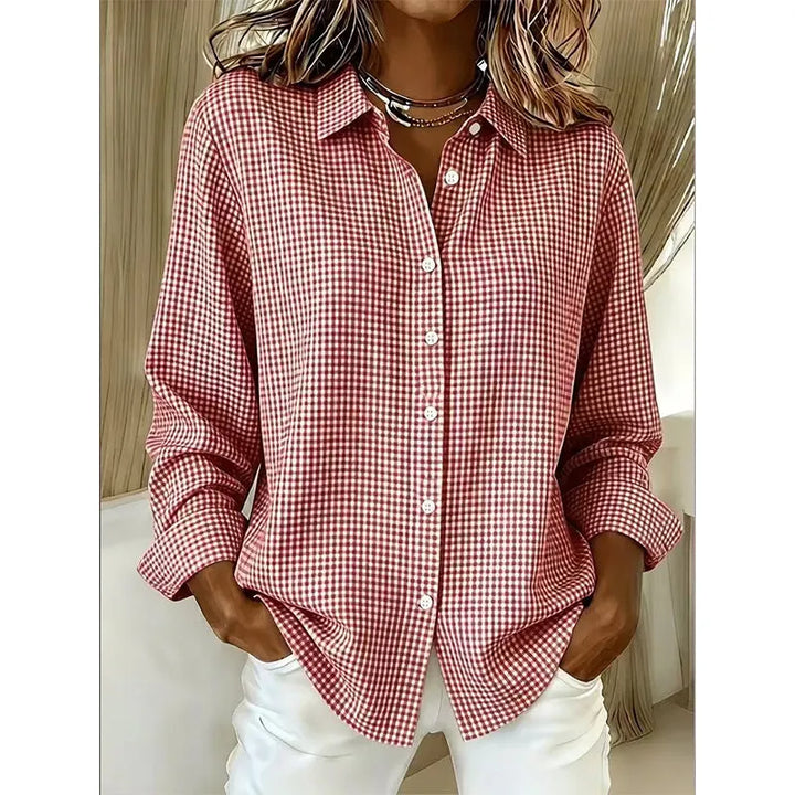 Women's Long Sleeve Linen Shirt in red plaid