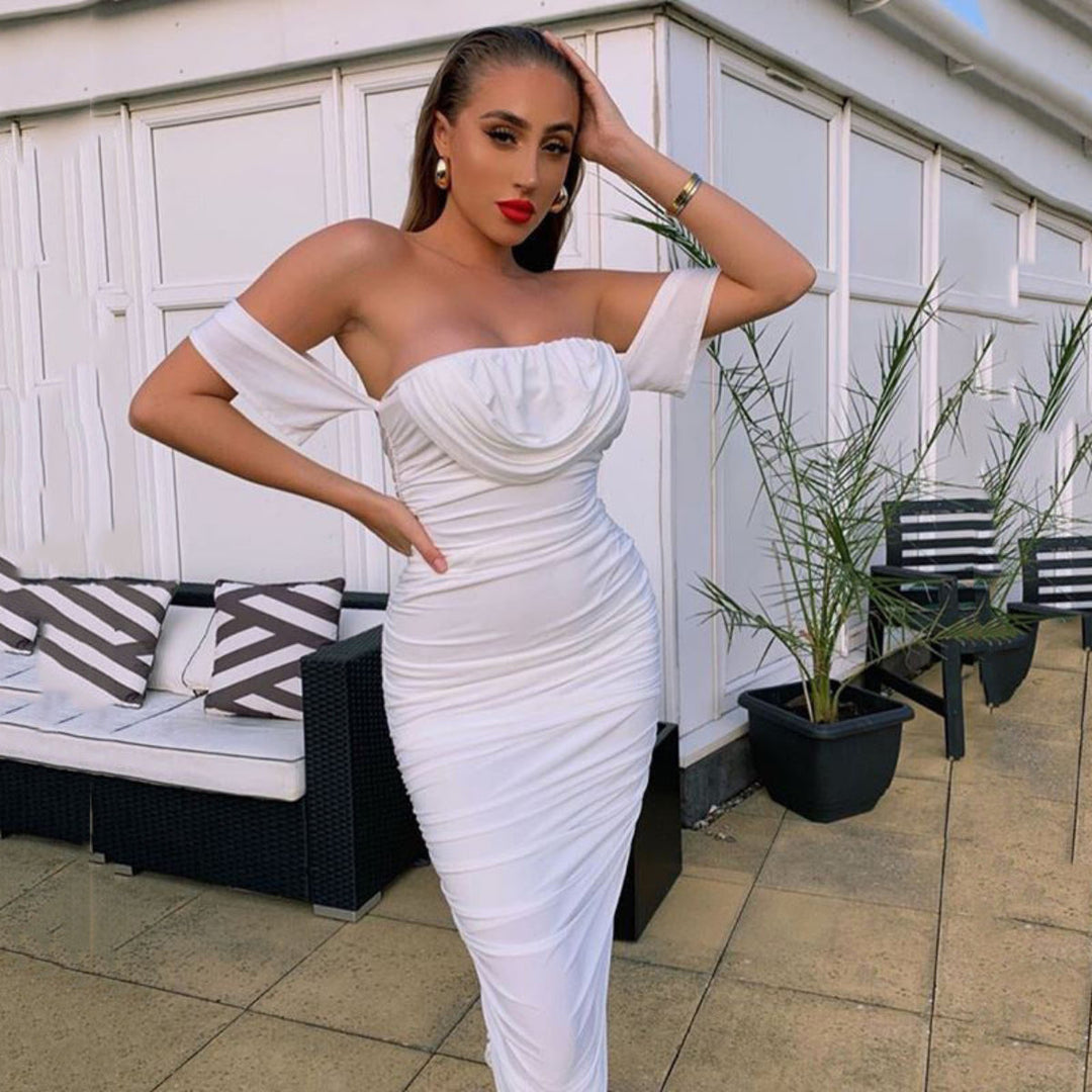 white off the shoulder ruched bodycon dress White Mesh Dress - Ruched Off-the-Shoulder Dress - Mini Dress