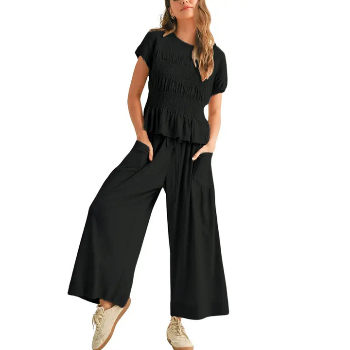 JODIE™ – Casual 2-Piece Smocked Top and Wide Leg Pants Set