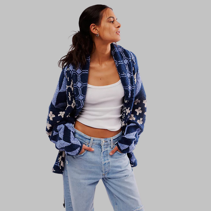 Women's Knit Cardigan, Oversized Geometric Jacquard Gold Button