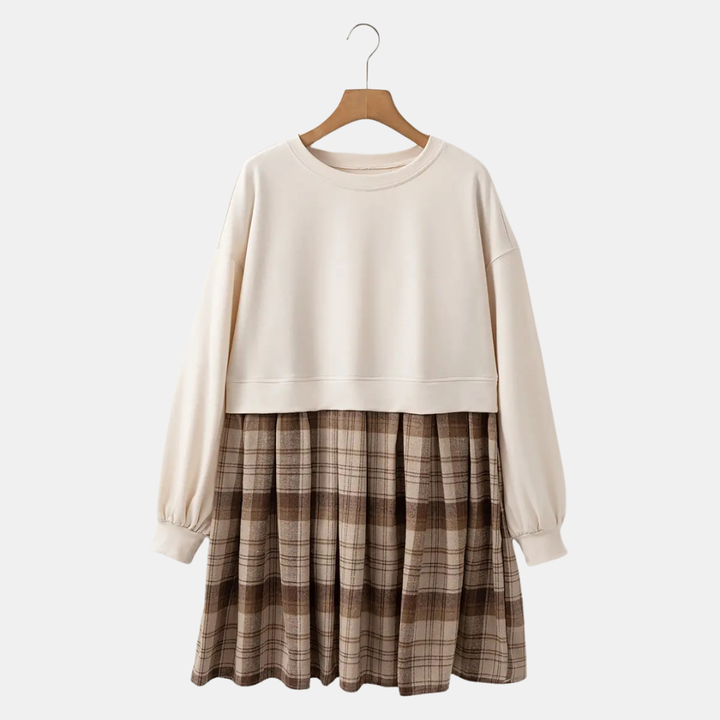 Women's Plaid Patchwork Sleeve Round Neck Mini Dress