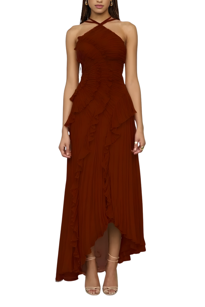 JENNIE™ – Elegant Lotus-Inspired Halter Neck Maxi Dress