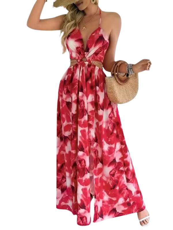 ASHA™ – Floral Print Chain Decor Split Thigh Cami Maxi Dress for Summer