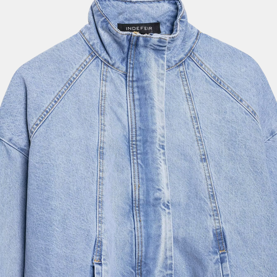 Women's Cropped Denim Bomber Jacket Stand Collar Drop Shoulder