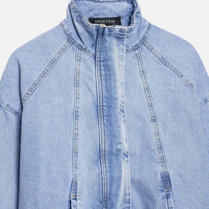 Women's Cropped Denim Bomber Jacket Stand Collar Drop Shoulder
