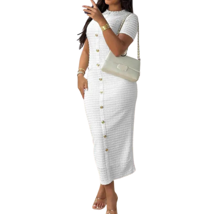 BRONWYN™ – Classic Zipper Back Dress with Faux Button Accent