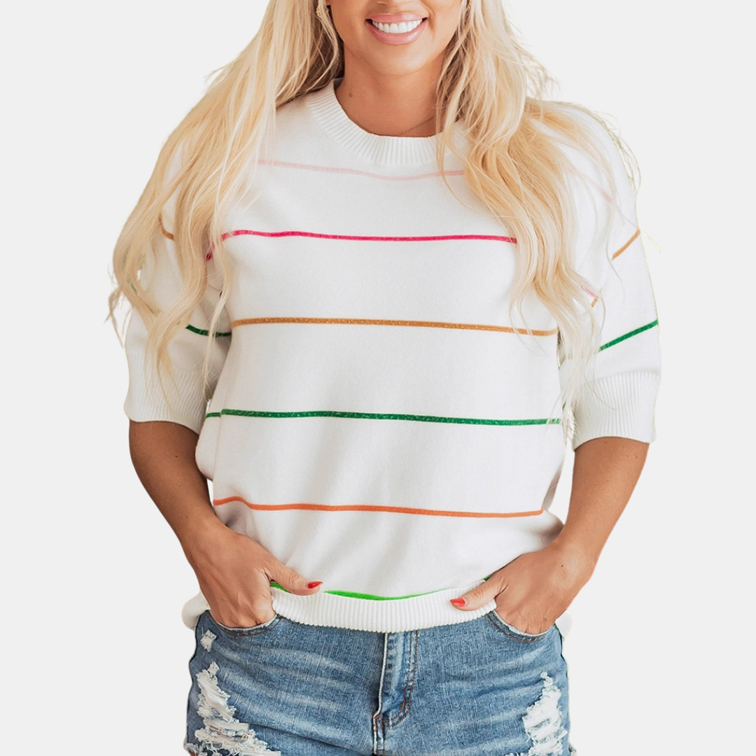 Women's Drop Shoulder Striped Knit Short Sleeve Pullover