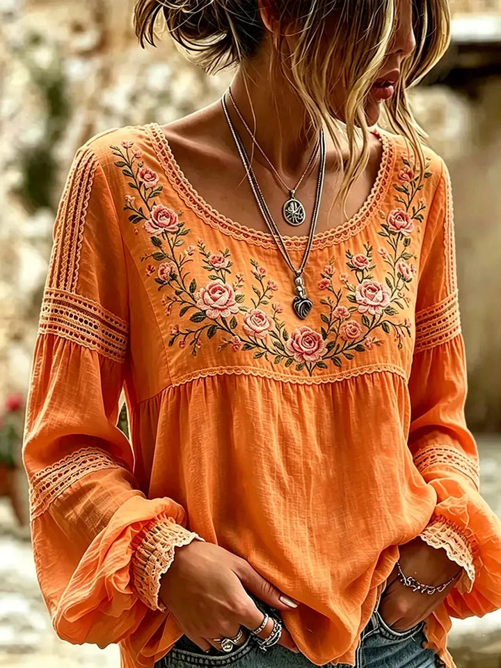 Women's Long Sleeve Blouse in orange floral