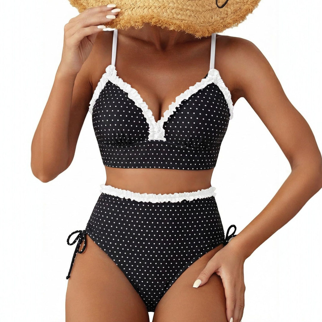 Women's High Waisted Bikini in black polka dot