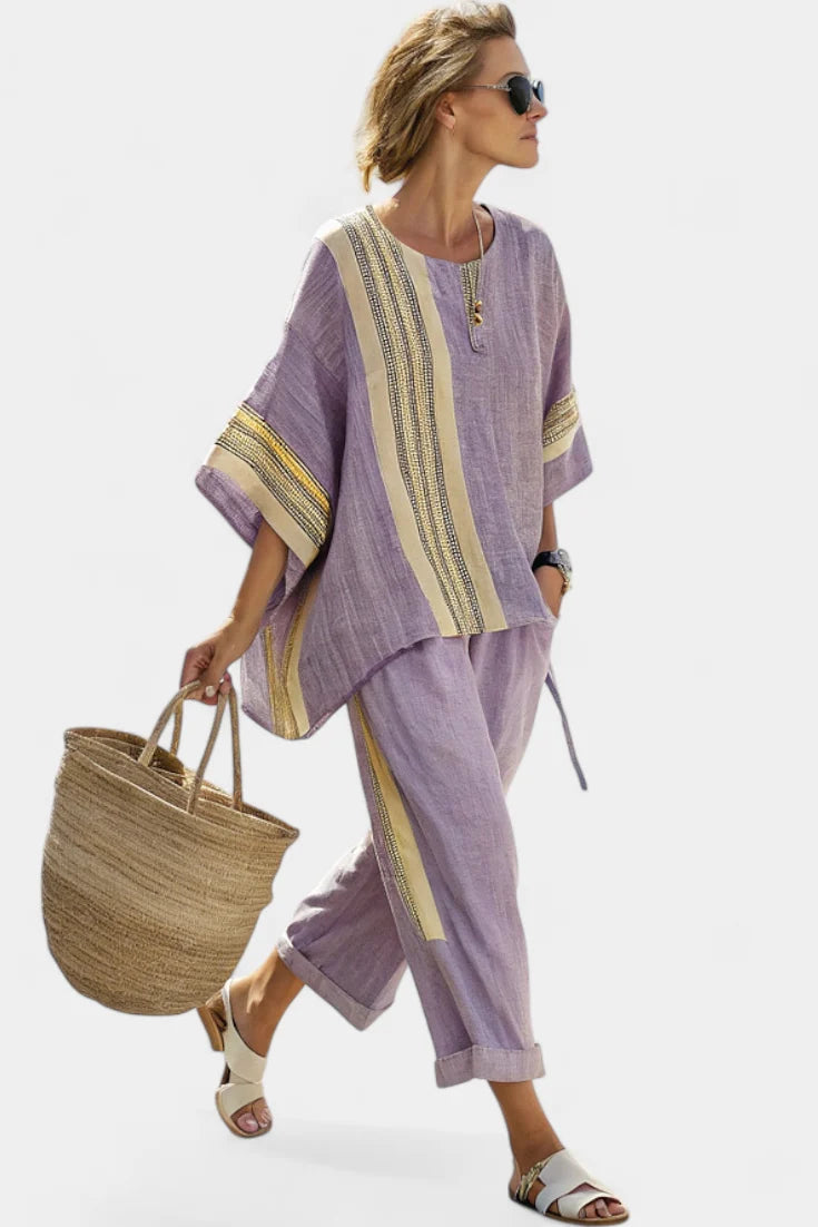 Women's Linen Matching Set in purple striped