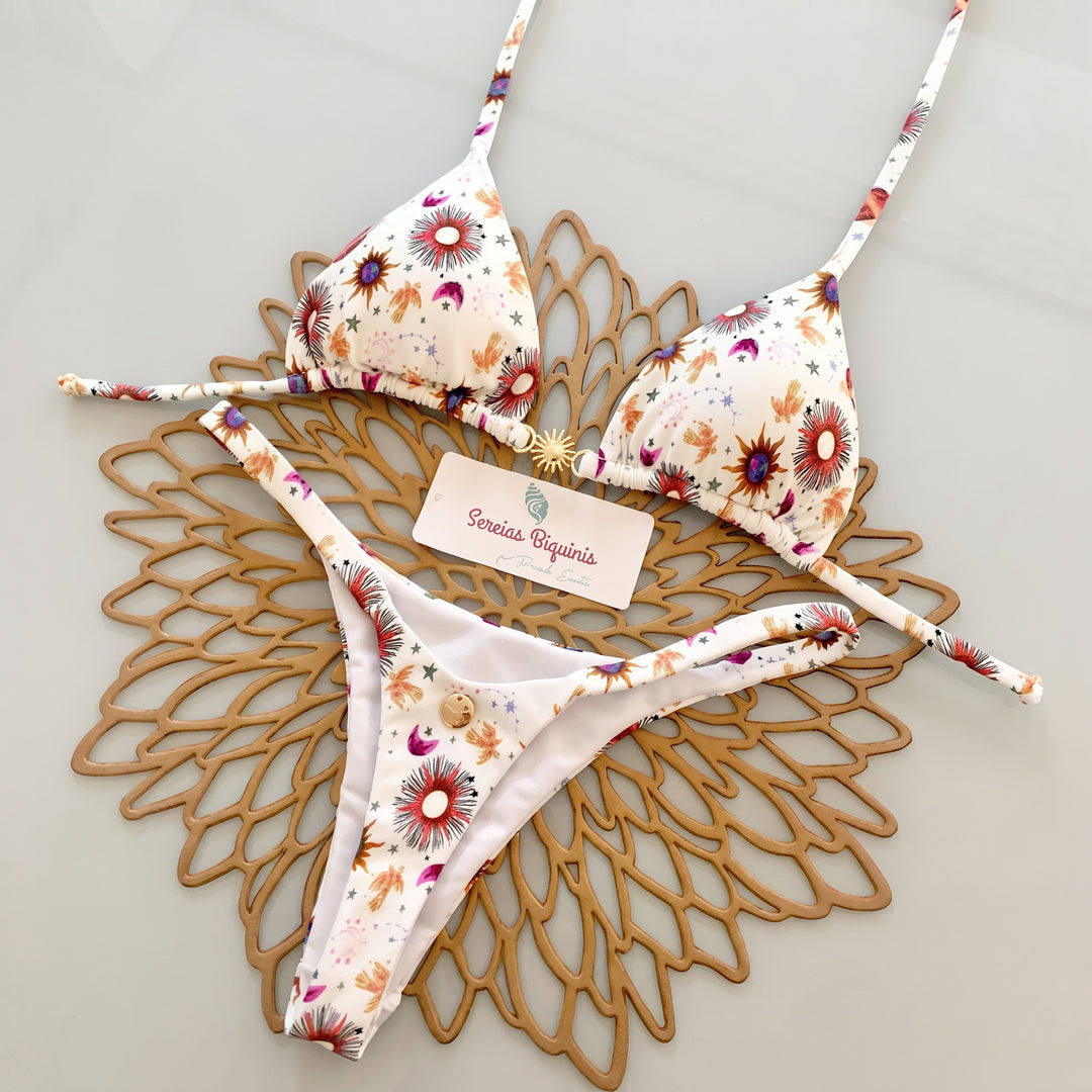 Women's String Bikini in white sun print