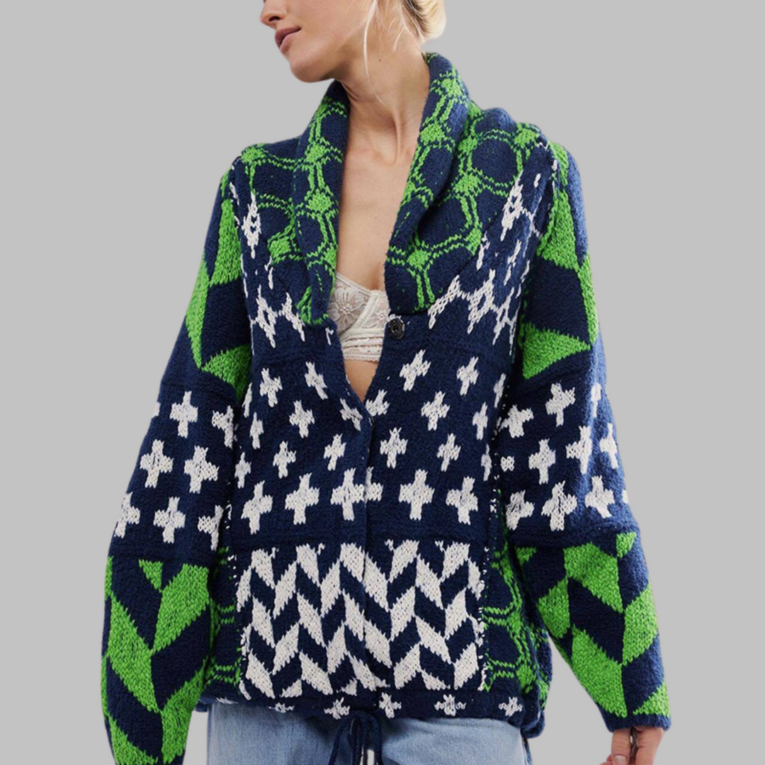 Women's Knit Cardigan, Oversized Geometric Jacquard Gold Button