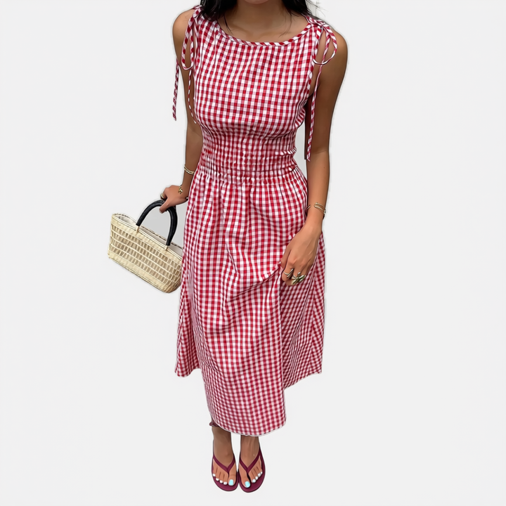 Women's Smocked Waist Tie Shoulder Woven Midi Dress