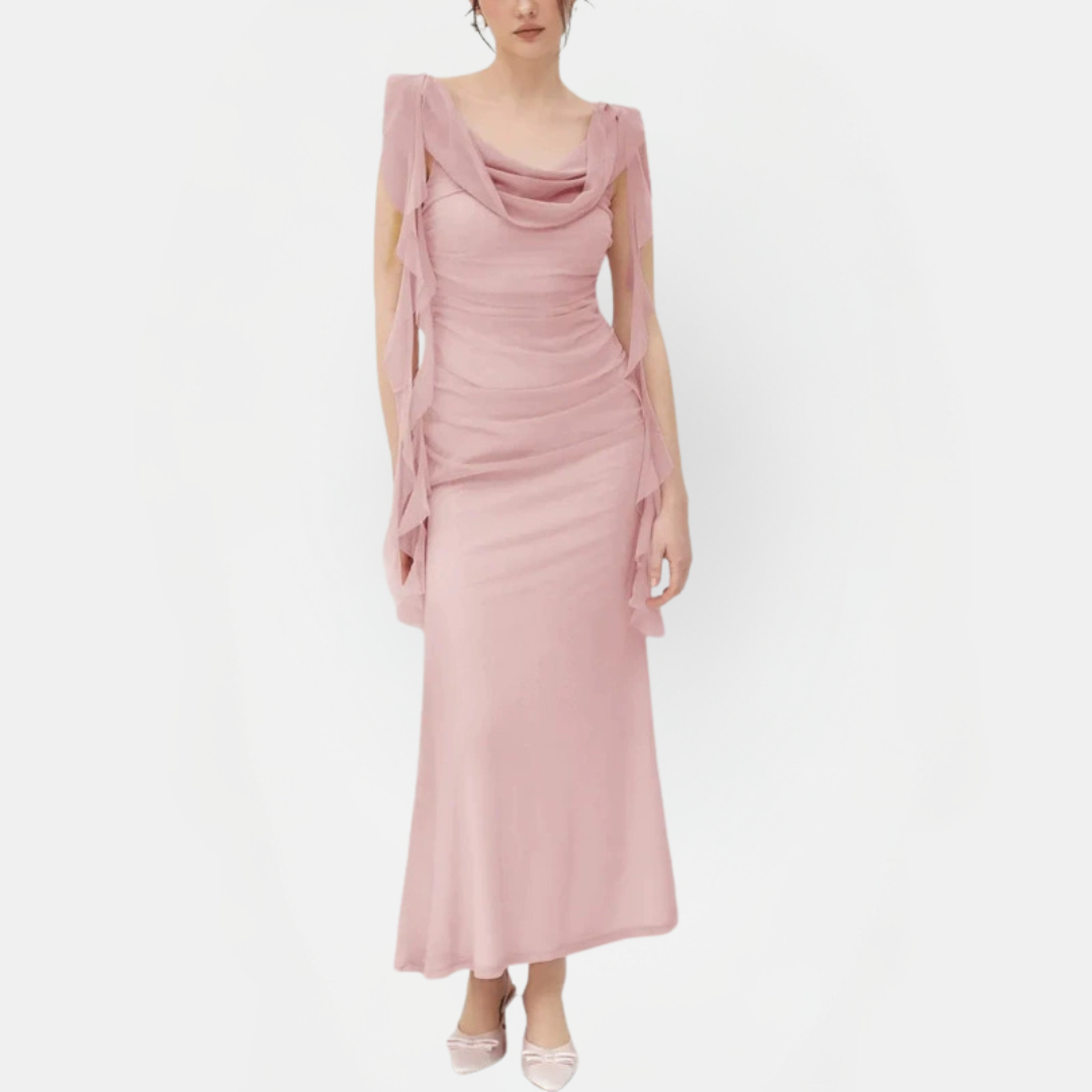 Women's Ruffle Hem Open Back Sleeveless Ruched Maxi Dress