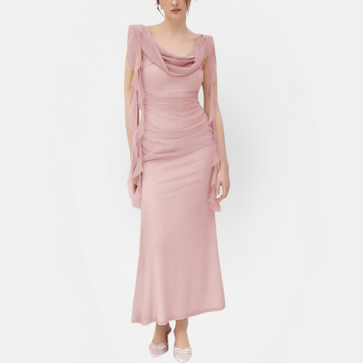 Women's Ruffle Hem Open Back Sleeveless Ruched Maxi Dress
