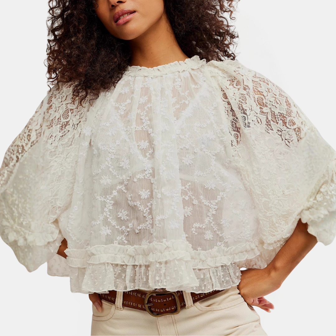 Women's Lace Hollow Out Flared Sleeve Sheer Cropped Top