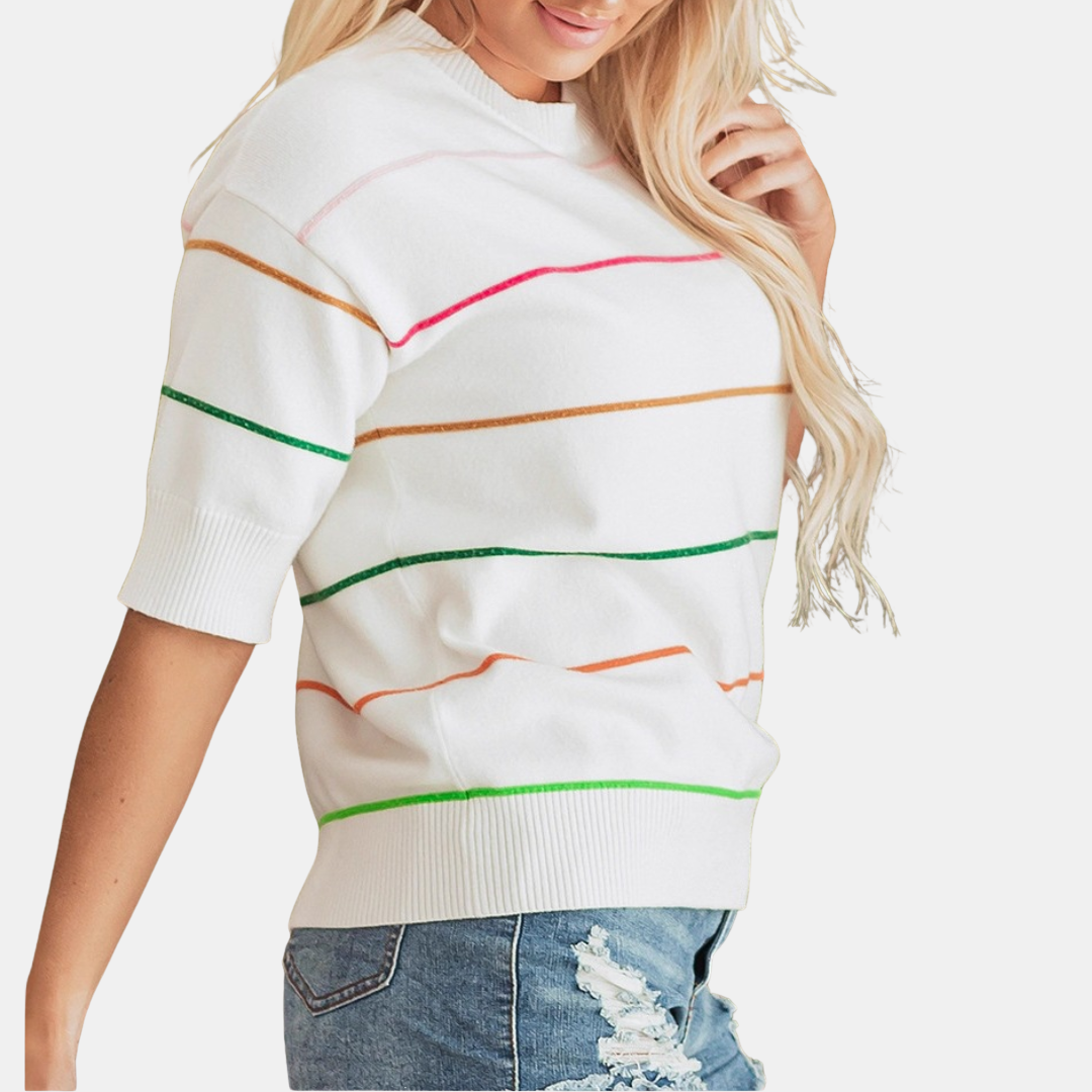 Women's Drop Shoulder Striped Knit Short Sleeve Pullover
