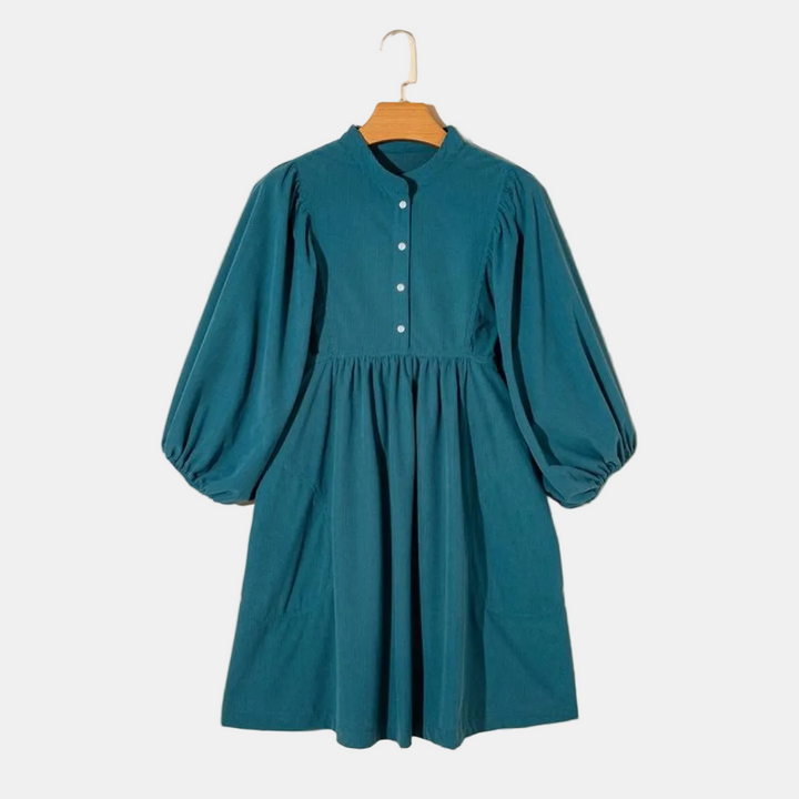 Women's Corduroy Button Front Puff Sleeve Empire Waist Dress