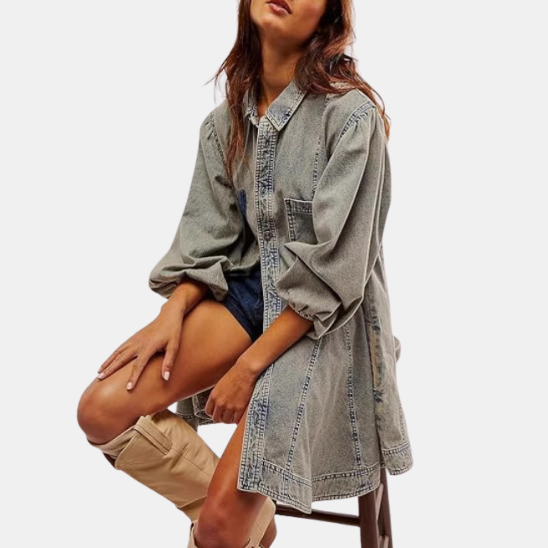 Women's Button Front Puff Sleeve Denim Mini Dress
