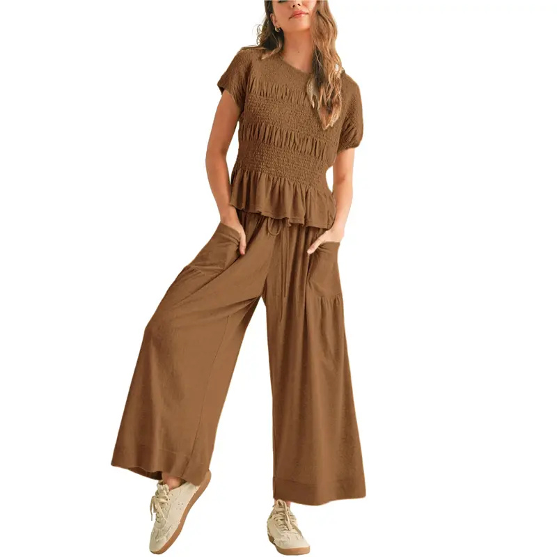 JODIE™ – Casual 2-Piece Smocked Top and Wide Leg Pants Set