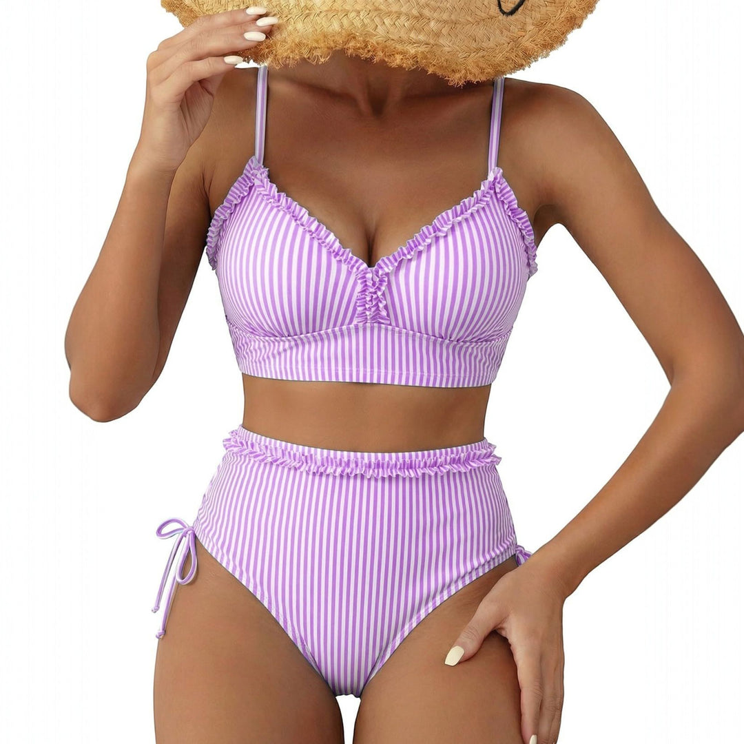 Women's High Waisted Bikini in purple striped
