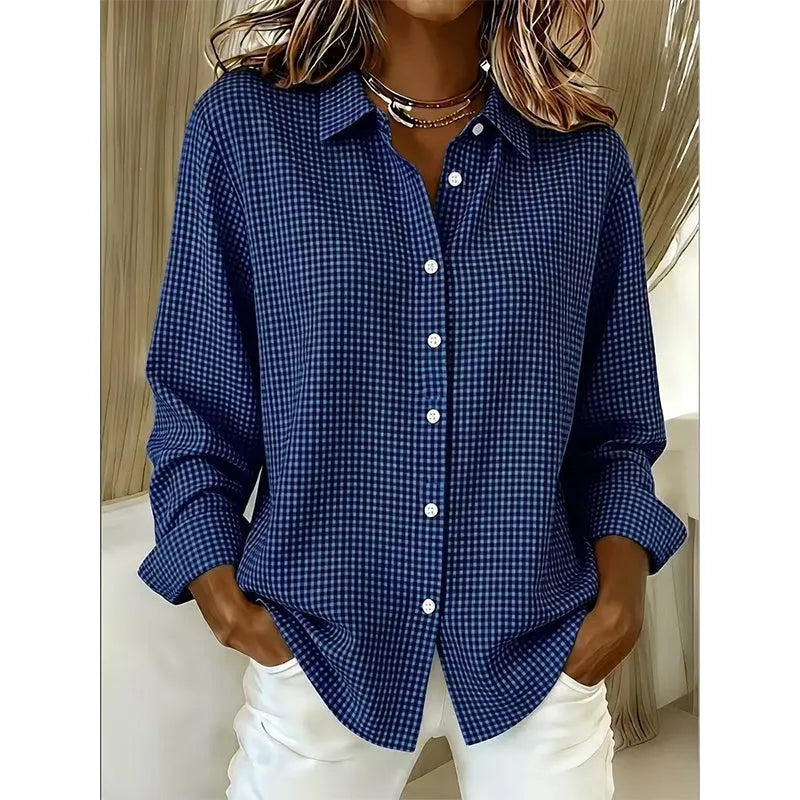 Women's Long Sleeve Linen Shirt in dark blue plaid