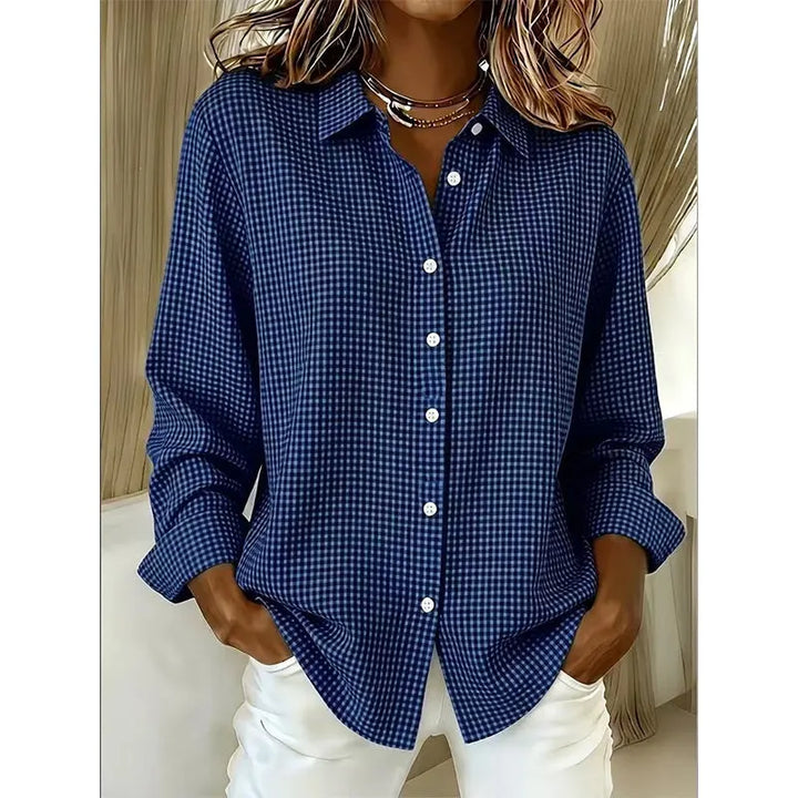 Women's Long Sleeve Linen Shirt in dark blue plaid