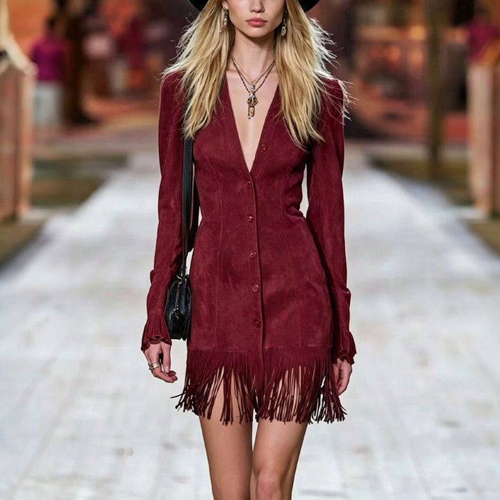Women's Long Sleeve Mini Dress in burgundy