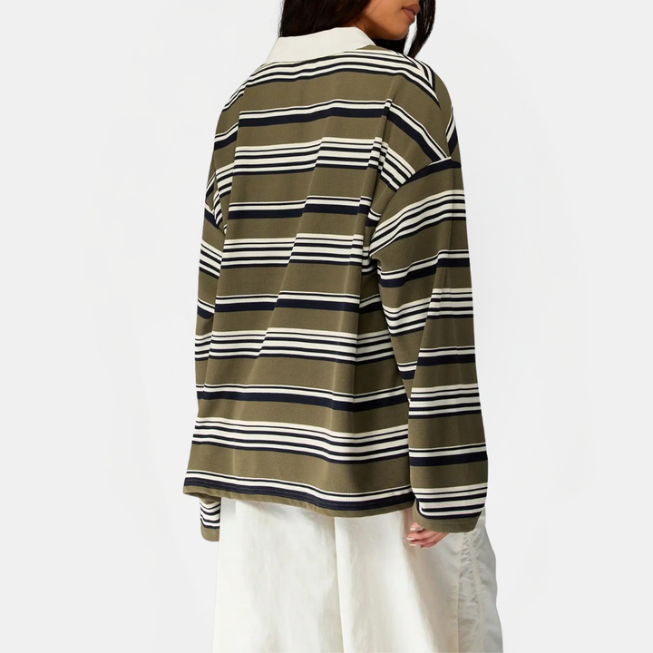 Women's Vintage Striped Polo Collar Oversized Long Sleeve Shirt