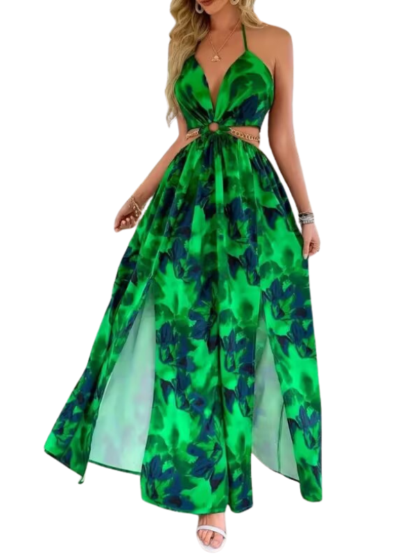 ASHA™ – Floral Print Chain Decor Split Thigh Cami Maxi Dress for Summer