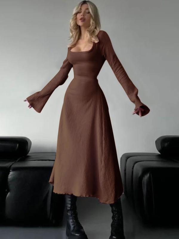 ERIN™ - Sophisticated Lace-Up Tie Back Flounce Sleeve A-Line Long Dress