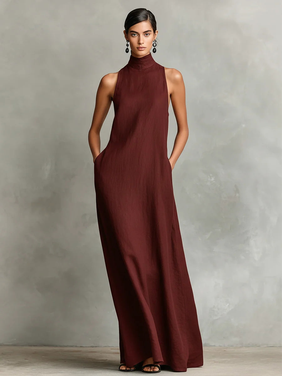 Women's Linen Maxi Dress in burgundy