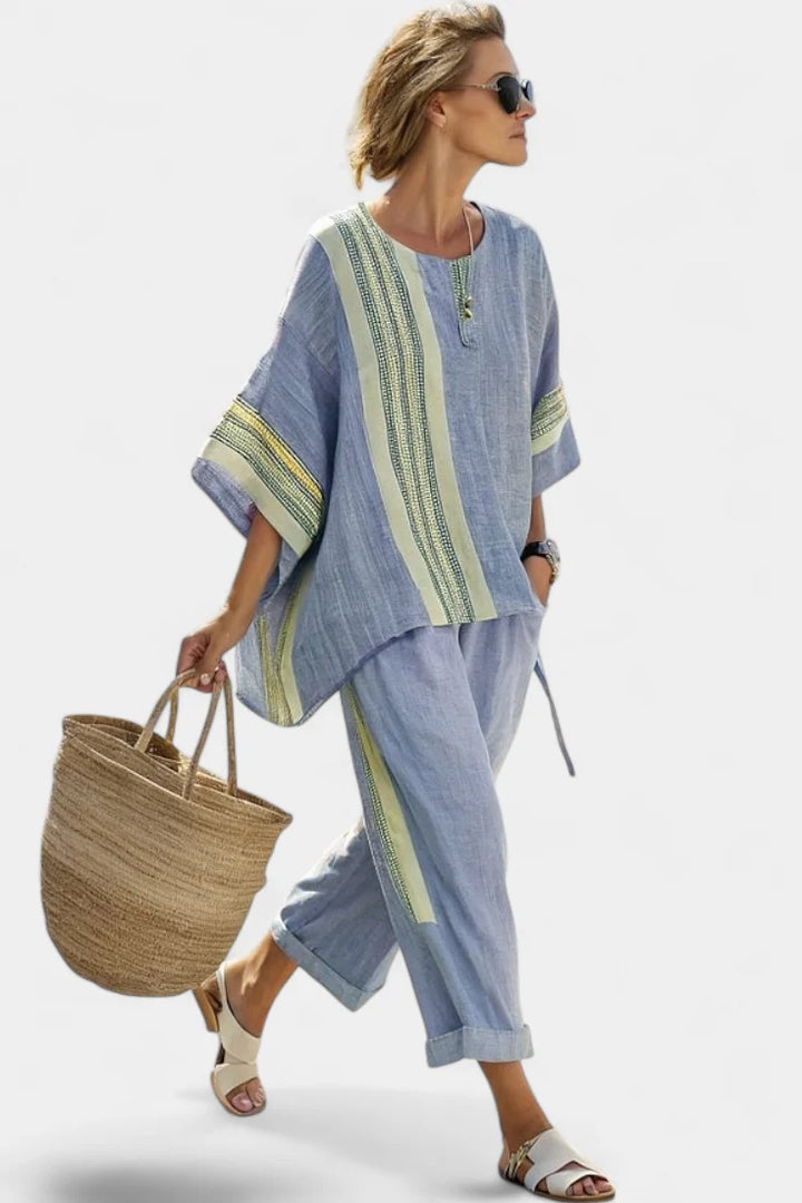 Women's Linen Matching Set in blue striped
