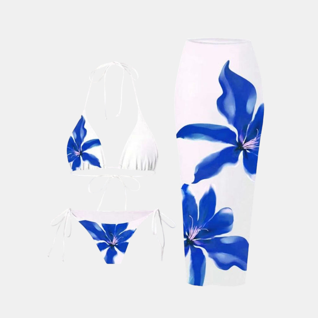 Women's String Bikini in white print blue