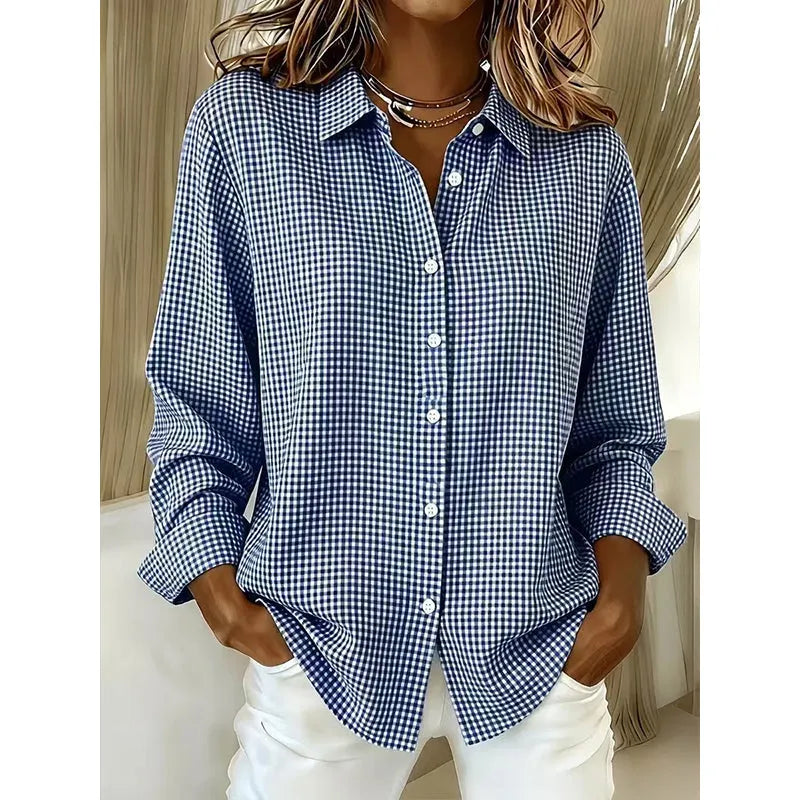 Women's Long Sleeve Linen Shirt in blue plaid