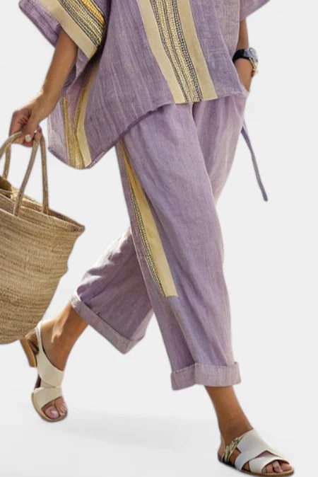 Women's Linen Matching Set in purple striped