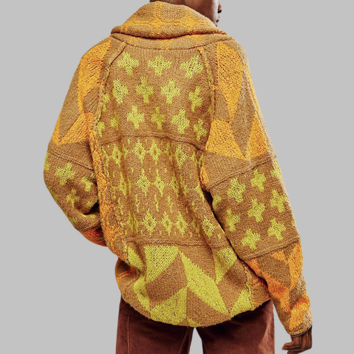 Women's Knit Cardigan, Oversized Geometric Jacquard Gold Button