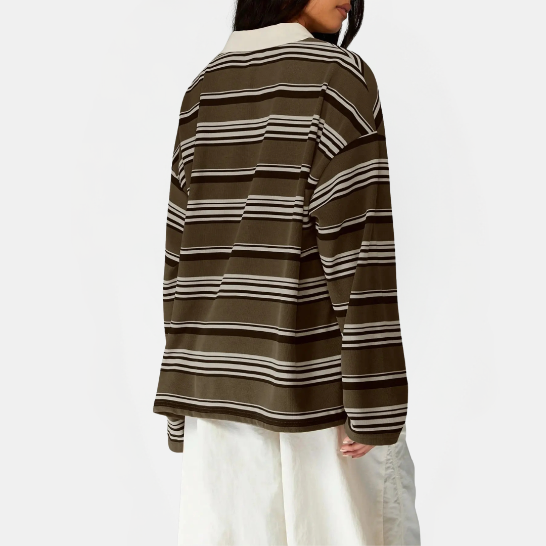Women's Vintage Striped Polo Collar Oversized Long Sleeve Shirt