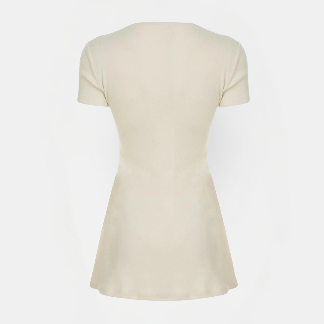 Women's Button Front Deep V-Neck Short Sleeve A Line Dress