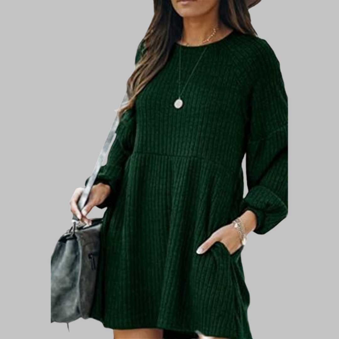 MONGO™ - Cozy Ribbed Bishop Sleeve Round Neck Mini Dress