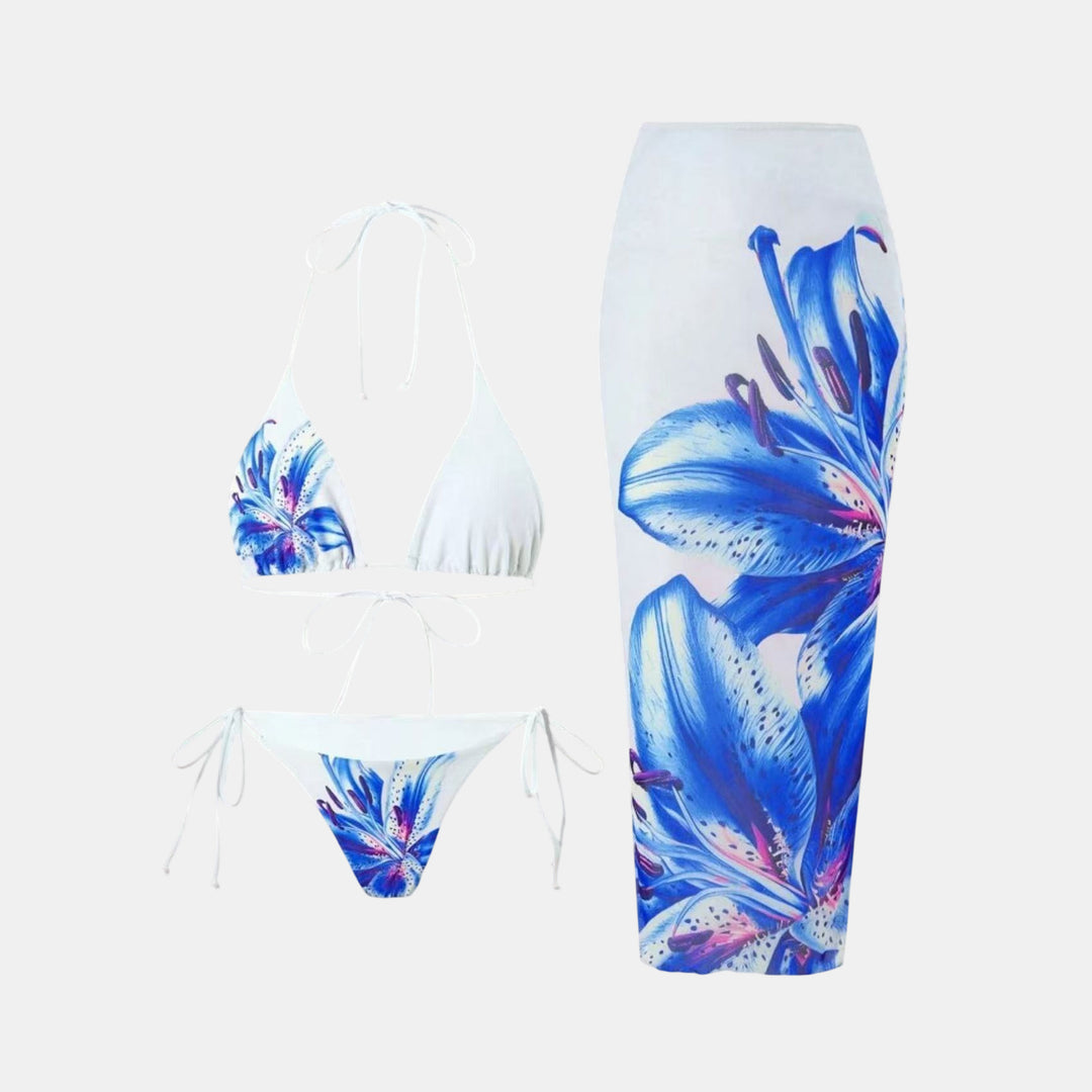 Women's String Bikini in white blue lily