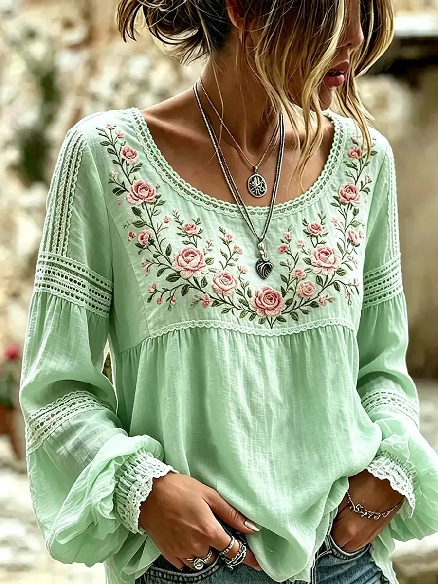 Women's Long Sleeve Blouse in green floral