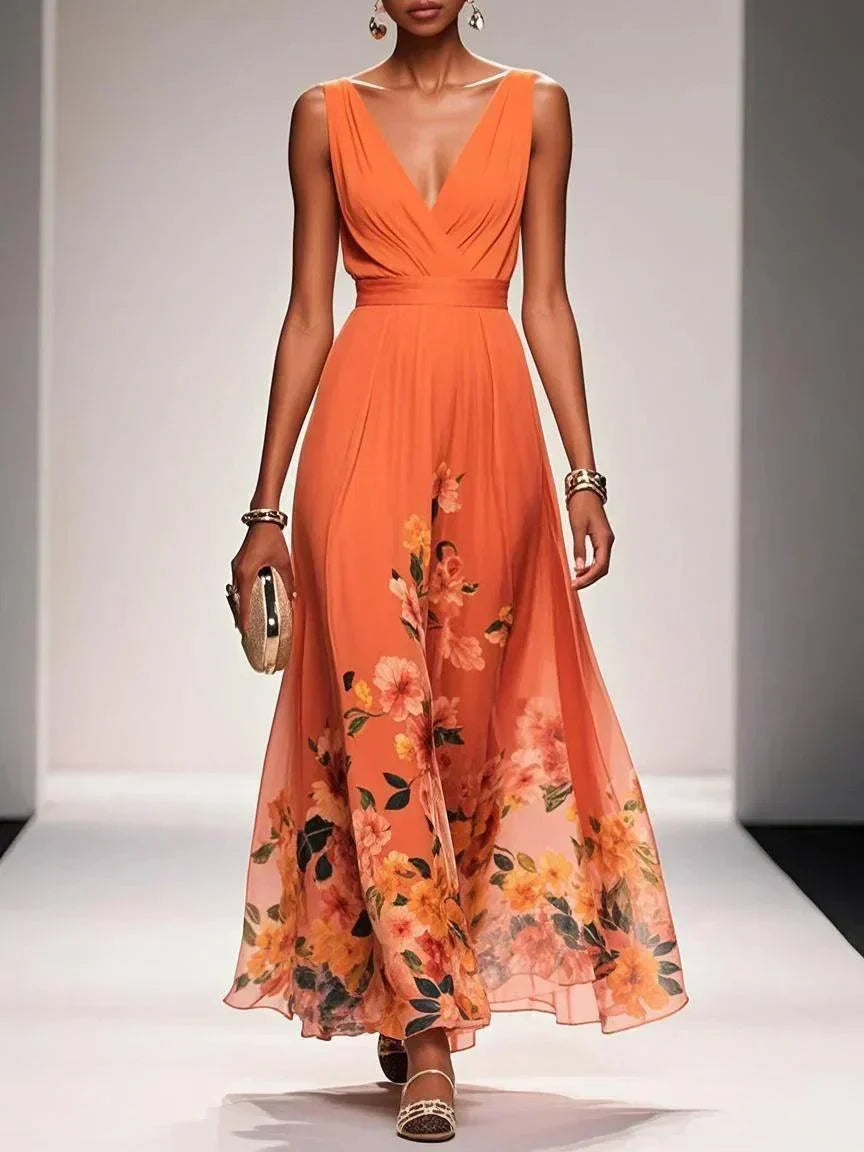 Women's Summer Maxi Dress in orange floral