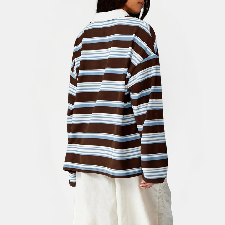 Women's Vintage Striped Polo Collar Oversized Long Sleeve Shirt